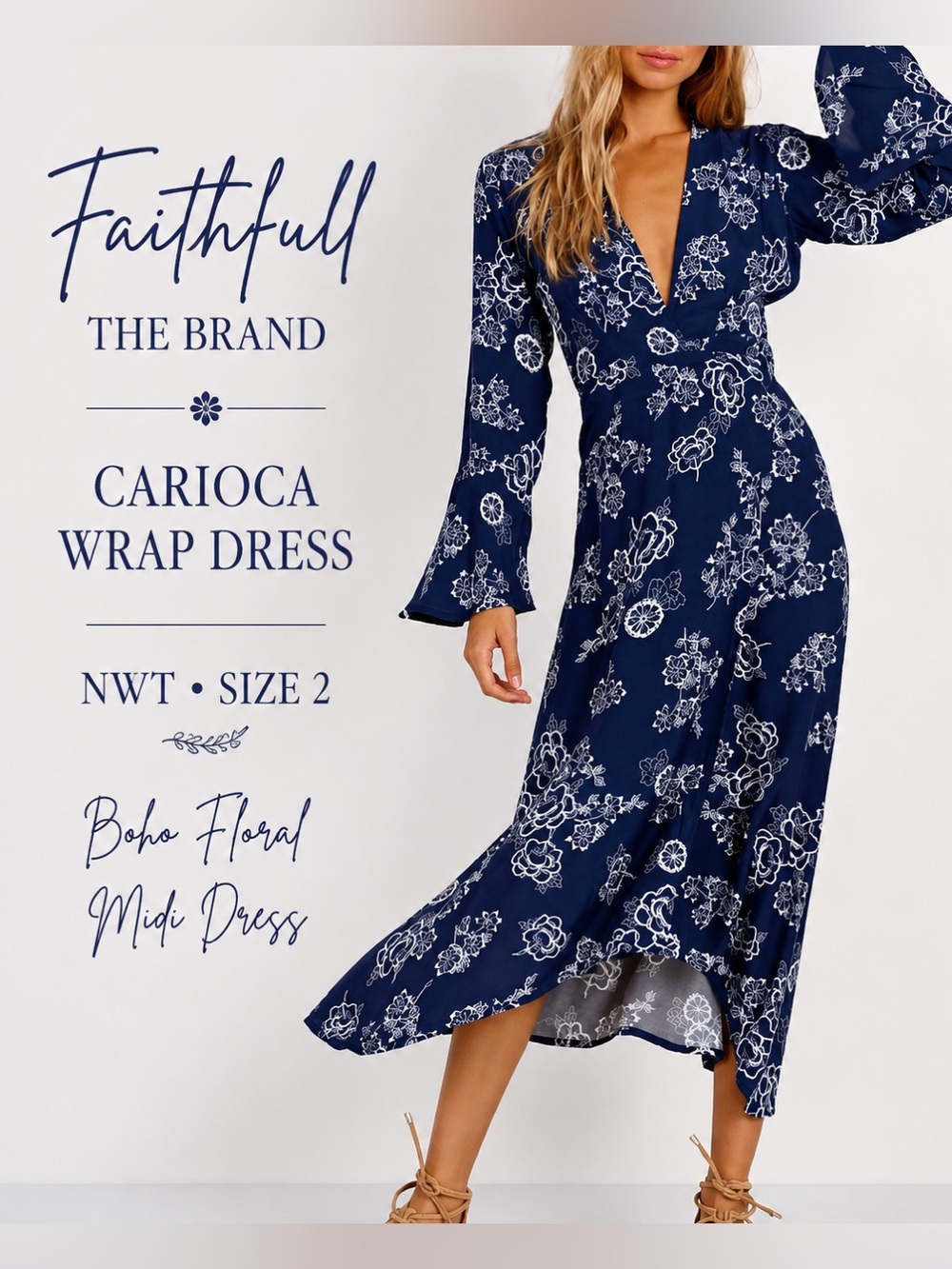 NWT Faithfull the Brand Carioca Wrap Dress Navy Floral Long Sleeve Size 2